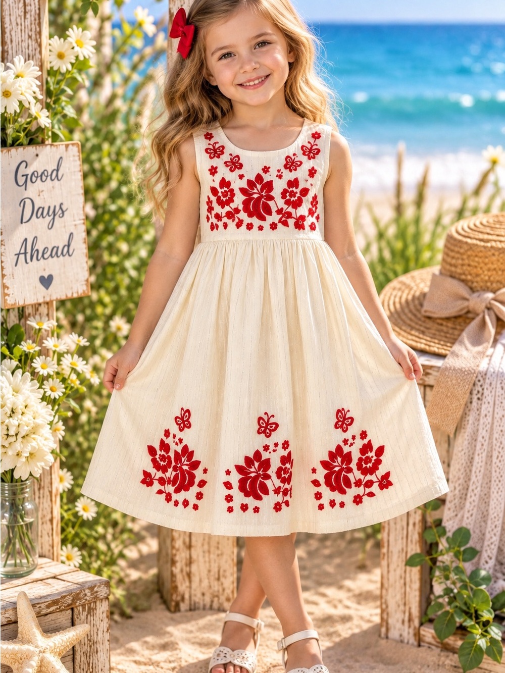 Cutey Couture Girls 5/6 Ivory Red Embroidered Cotton Dress